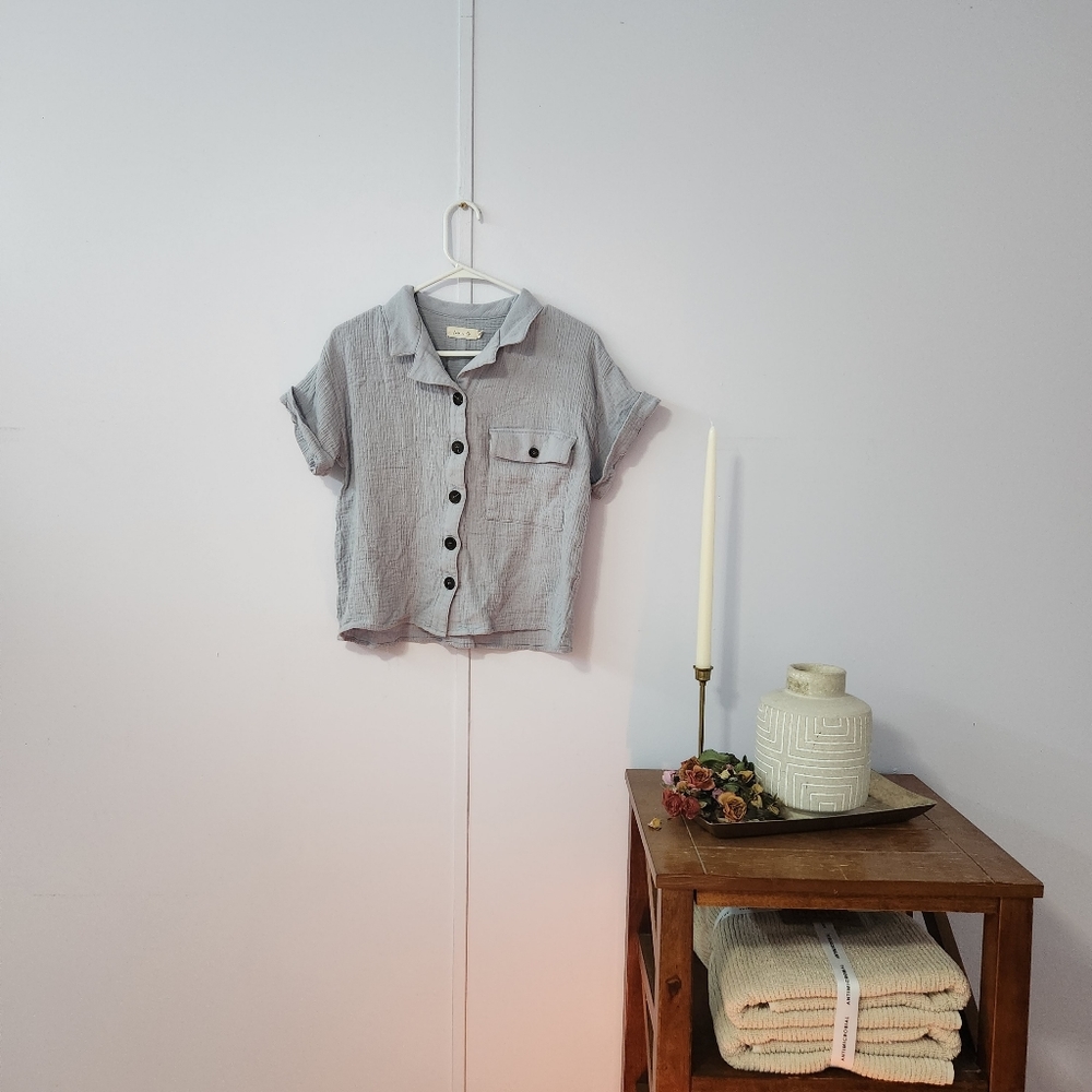 Dusty blue button down cotton shirt, Leia n Co., small, Main Street exchange